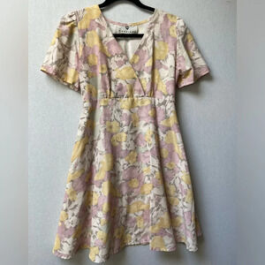 Vintage Marciano Floral Linen Faux Wrap Dress Sz M Yellow Pink Cottagecore V-Nec